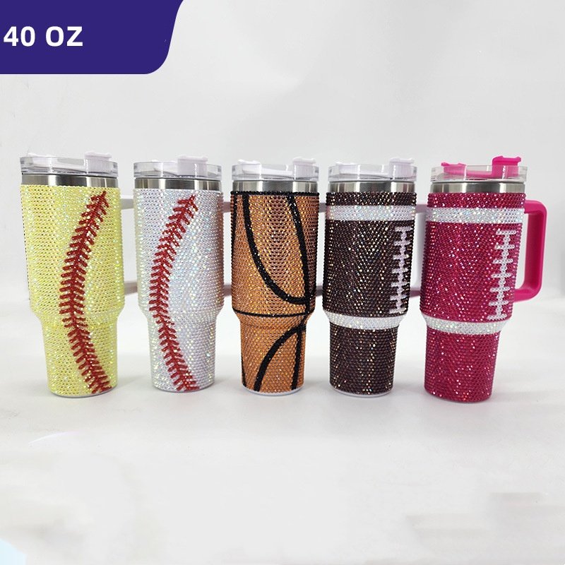 Bling Rhinestone Studded 40oz Stainless Steel Travel Home Car Handle Straw Vacuum Flasks Thermoses Cups Mugs Tumblers