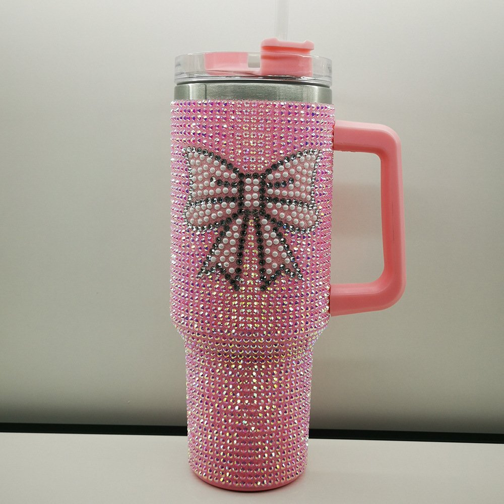 Bling Rhinestone Studded 40oz Stainless Steel Travel Home Car Handle Straw Vacuum Flasks Thermoses Cups Mugs Tumblers