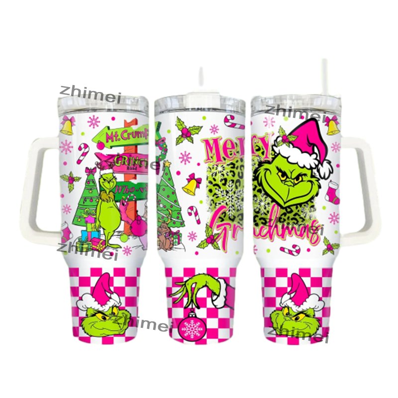 Custom Logo Print Christmas Cartoon Stainless Steel 40oz Travel GYM Coffee Mug Tumbler Cup With Handle and Straw