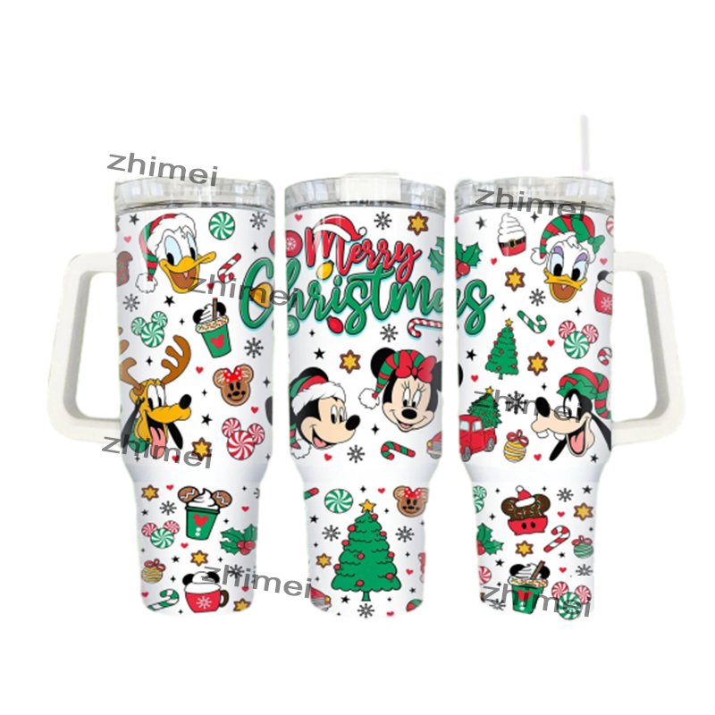 Custom Logo Print Christmas Cartoon Stainless Steel 40oz Travel GYM Coffee Mug Tumbler Cup With Handle and Straw