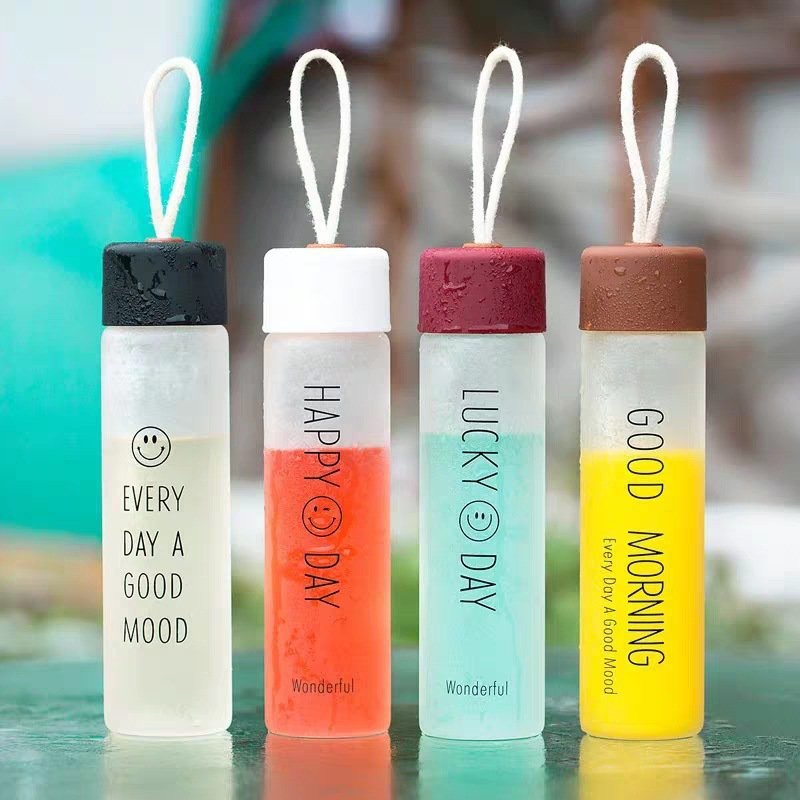 Customized Logo 400ml Capacity Adult Drinkware Smile Face Travel Sport Style Frosted Wholesale Glass Cups Water Bottle