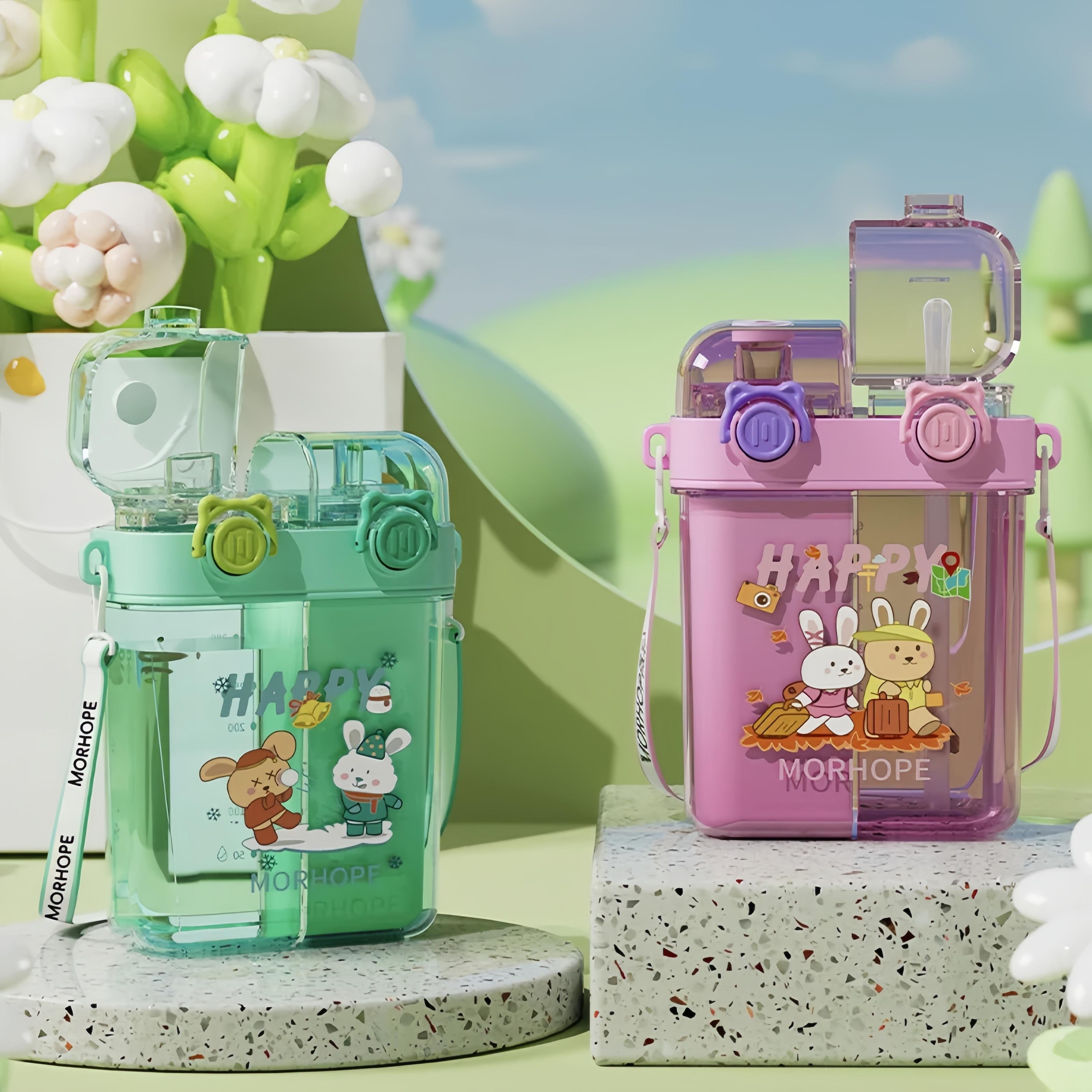 2024 New Cute Cartoon Double Drinking Straw Mug Outdoor Portable Carry-on Mug water bottle plastic