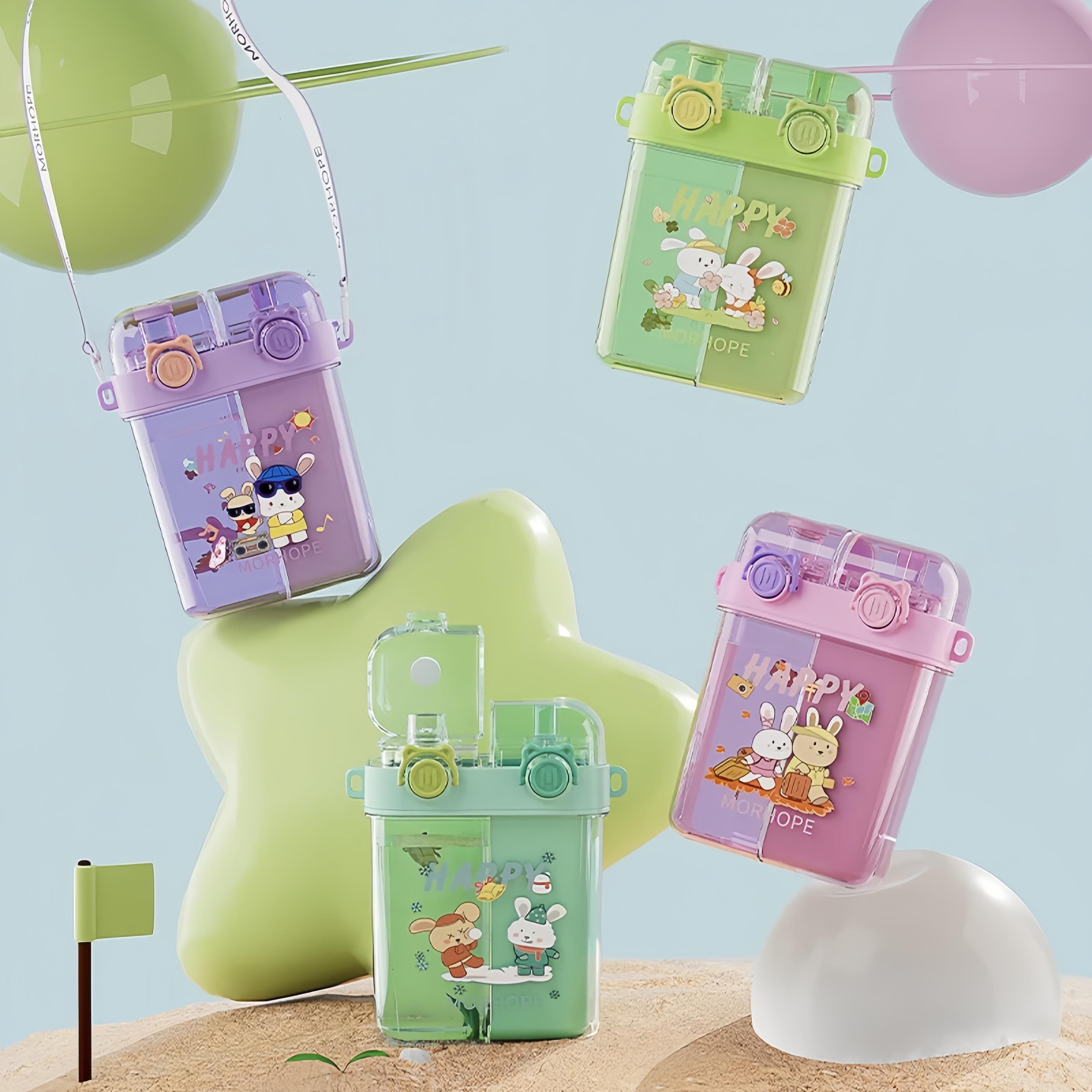 2024 New Cute Cartoon Double Drinking Straw Mug Outdoor Portable Carry-on Mug water bottle plastic