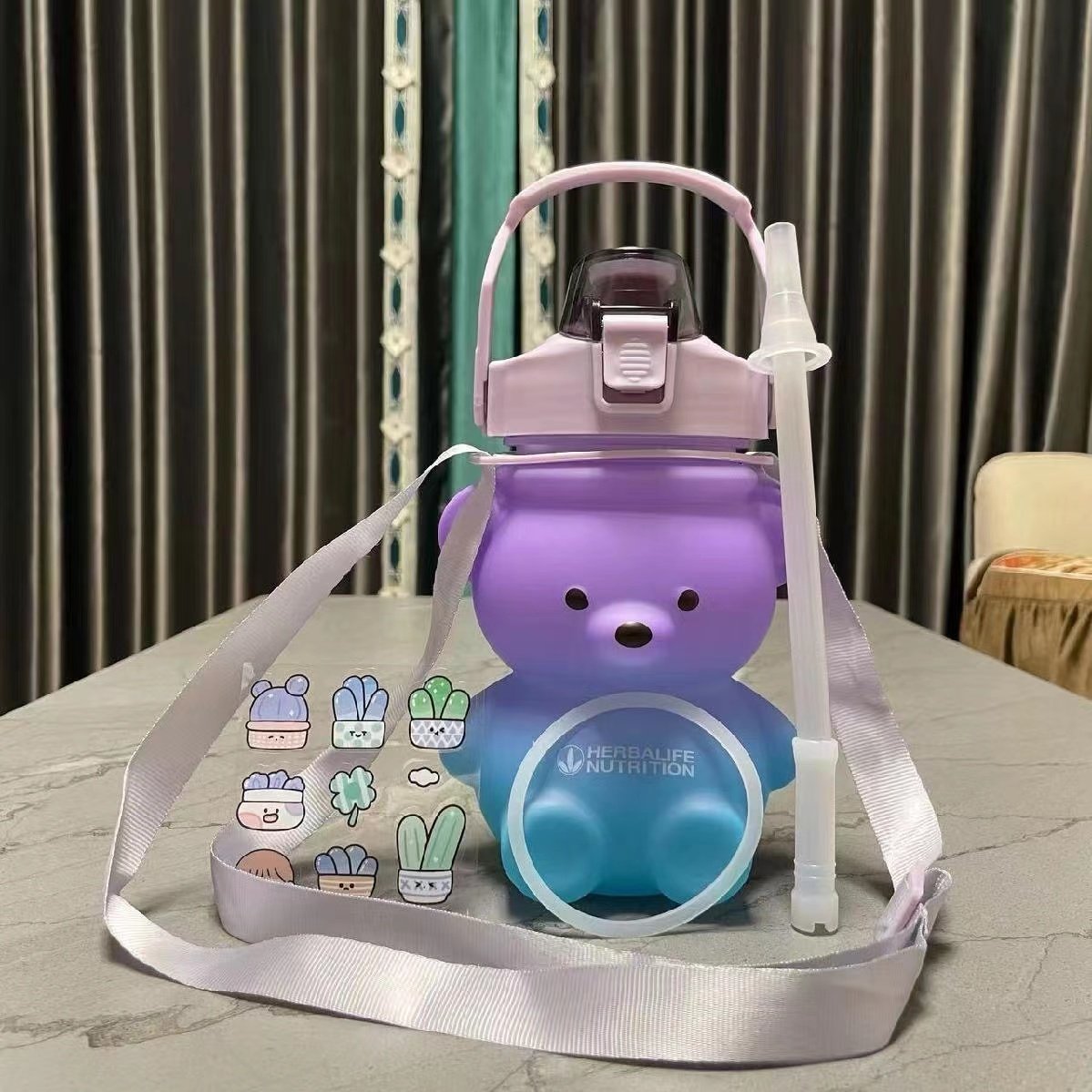 High value cute bear water bottle portable high temperature resistant and anti-drop straw bottle strap bear water bottle