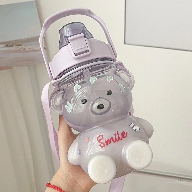 High value cute bear water bottle portable high temperature resistant and anti-drop straw bottle strap bear water bottle
