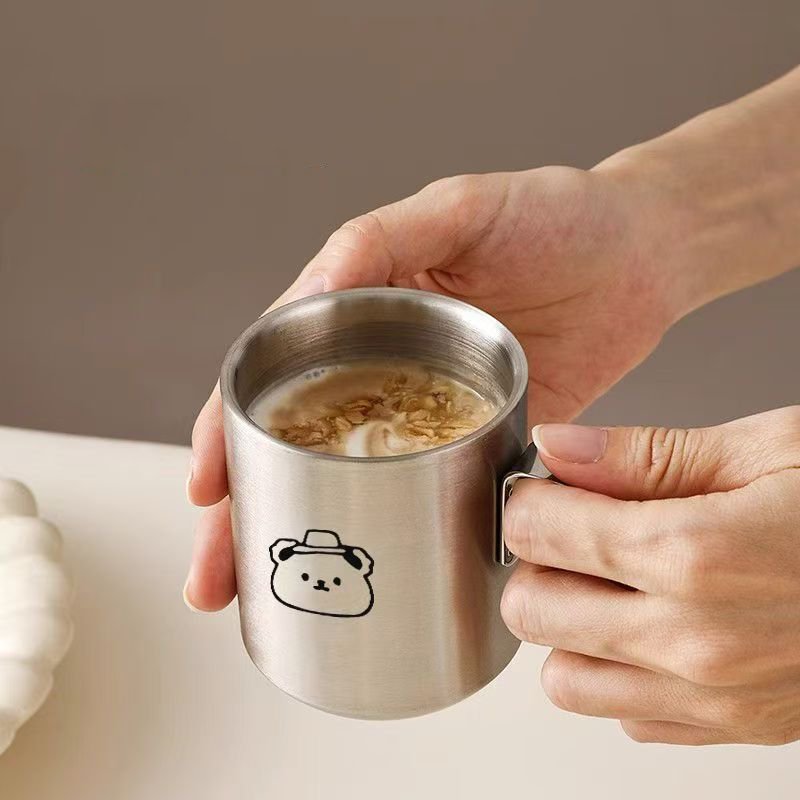 Wholesale Custom Logo Cartoon pattern 9.8 oz Silvery Camping Metal Steel Cup Coffee Beer SUS 304 Stainless Steel Mug
