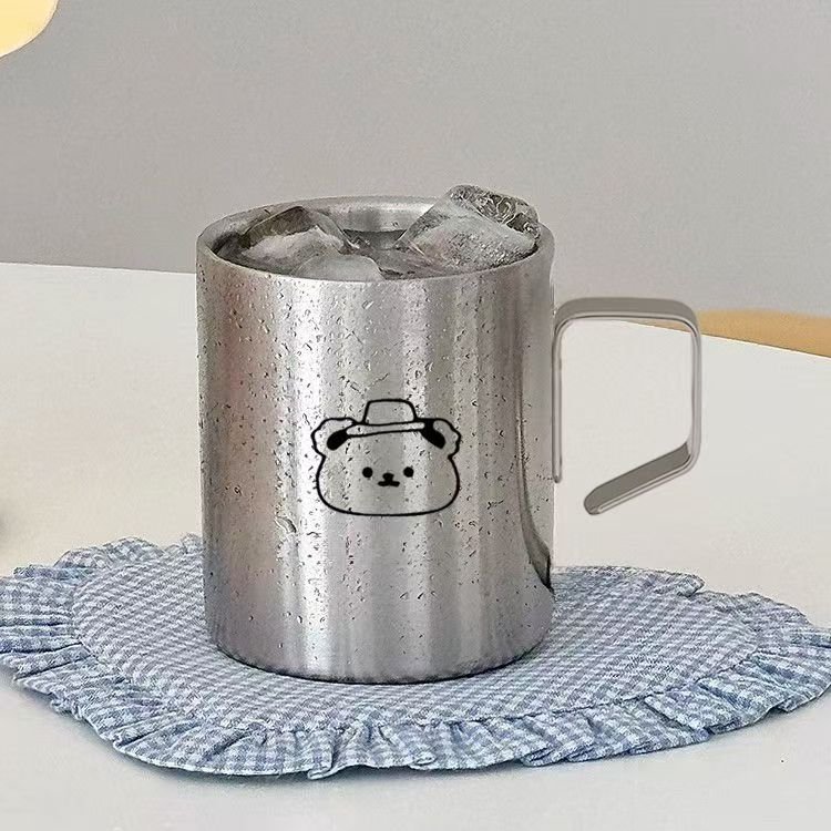 Wholesale Custom Logo Cartoon pattern 9.8 oz Silvery Camping Metal Steel Cup Coffee Beer SUS 304 Stainless Steel Mug