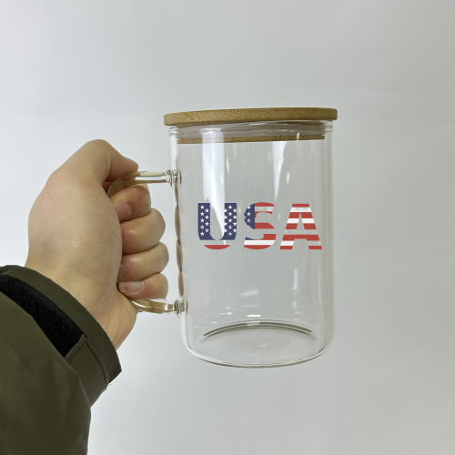 US Warehouse clear double walled sublimation 15oz snowglobe glass mug pre drilled frosted coffee mug tumbler with bamboo lid
