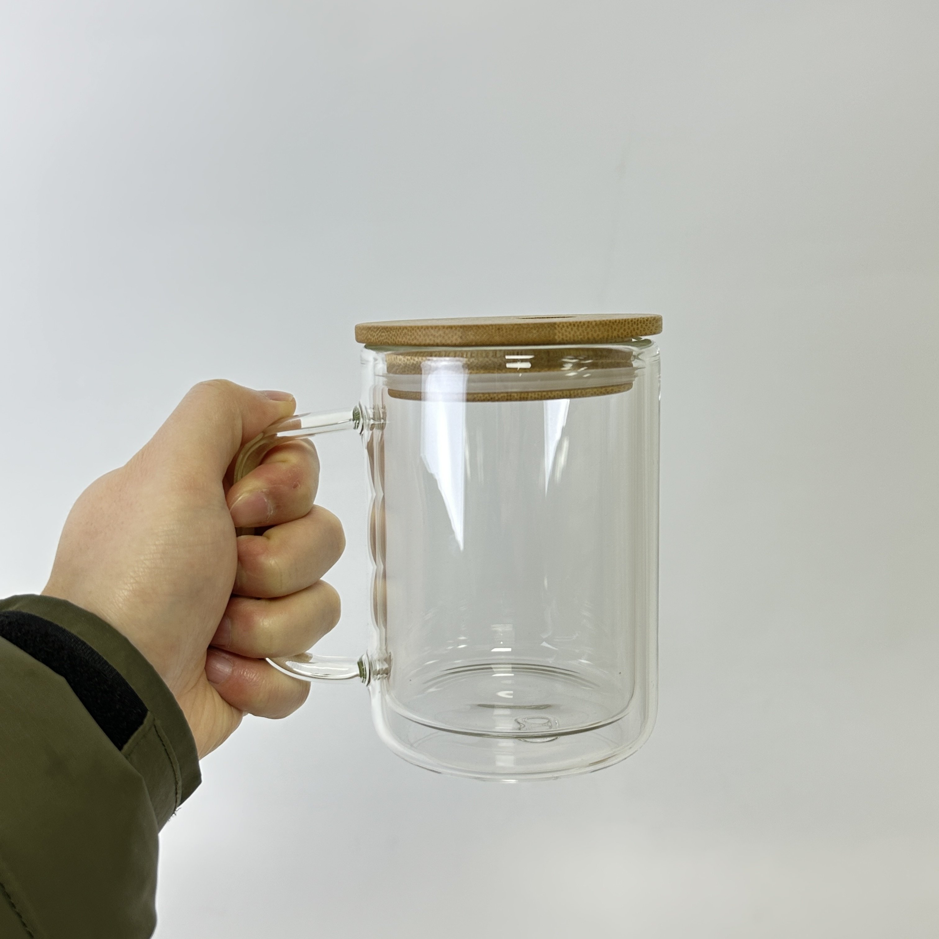 US Warehouse clear double walled sublimation 15oz snowglobe glass mug pre drilled frosted coffee mug tumbler with bamboo lid