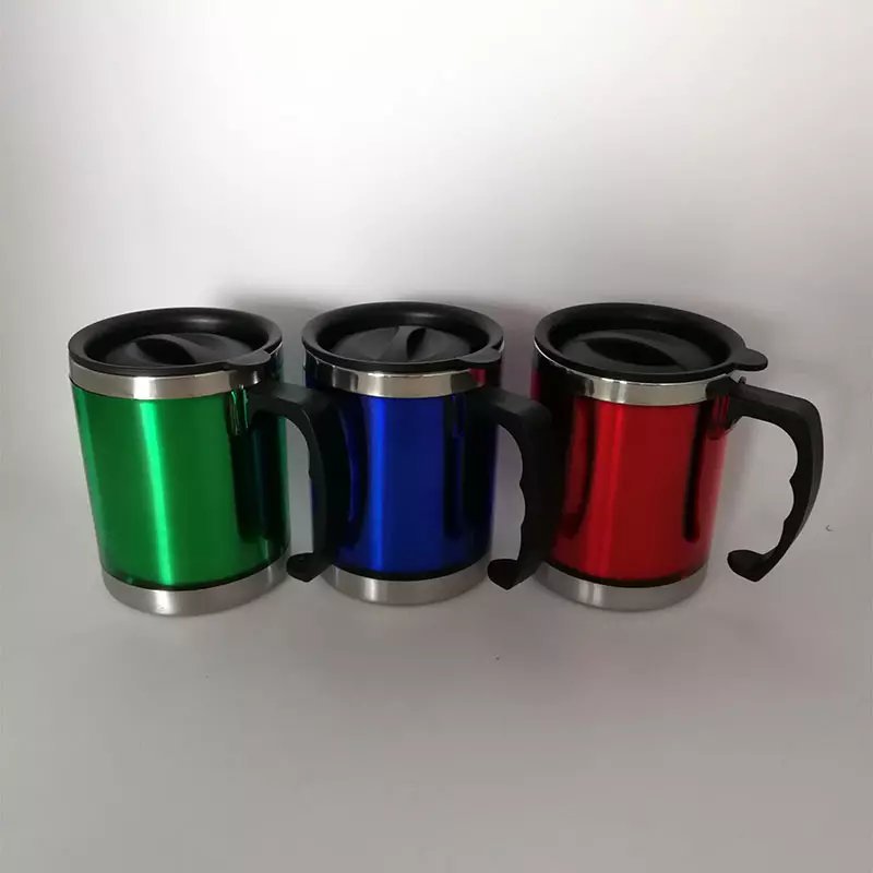 Promotion Price 14oz BPA Free Double Wall Stainless Steel Inner Plastic Outer With Handle Insulated Travel Mug