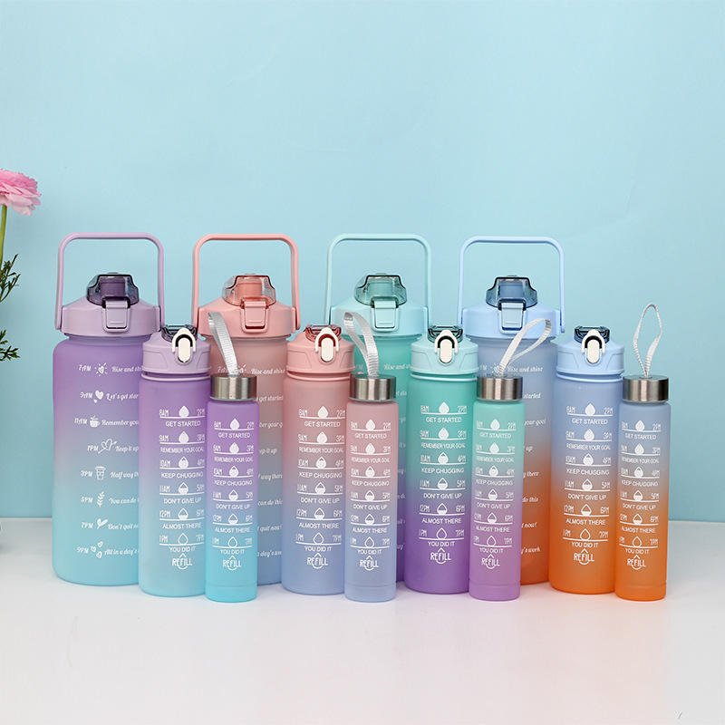 3 Pcs In 1 Set 2l Direct Drinking Plastic Sport 3 In 1 Water Bottle Gym Fitness Motivational Water Bottles Set Of 3 With Straw