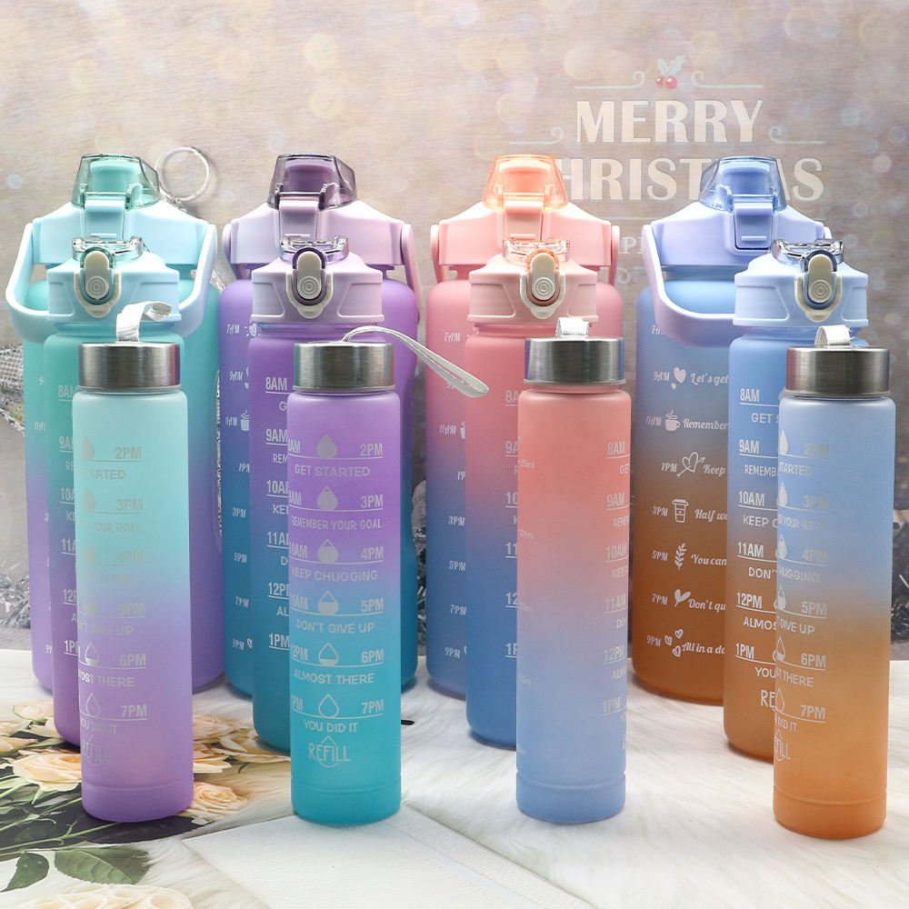 3 Pcs In 1 Set 2l Direct Drinking Plastic Sport 3 In 1 Water Bottle Gym Fitness Motivational Water Bottles Set Of 3 With Straw