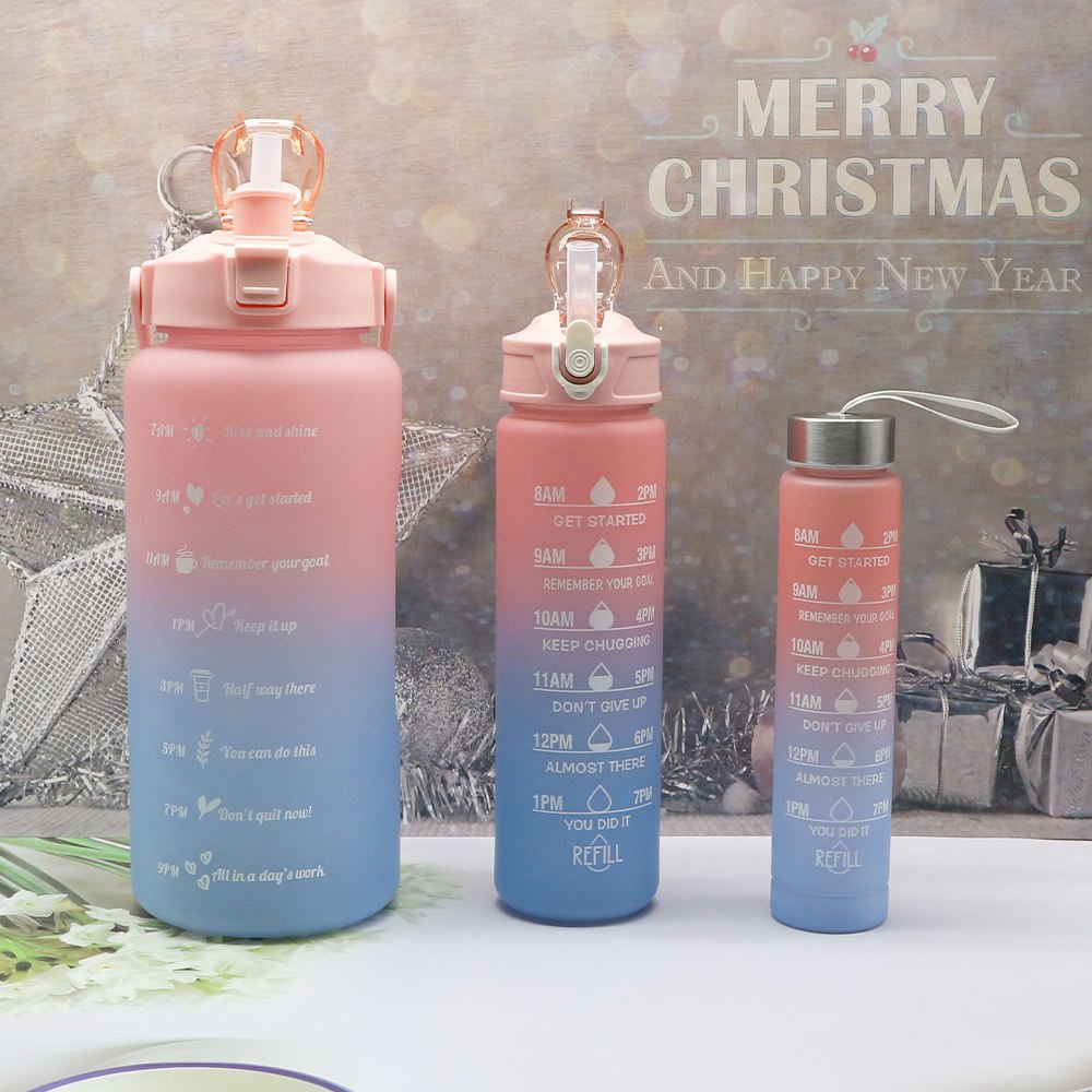 3 Pcs In 1 Set 2l Direct Drinking Plastic Sport 3 In 1 Water Bottle Gym Fitness Motivational Water Bottles Set Of 3 With Straw