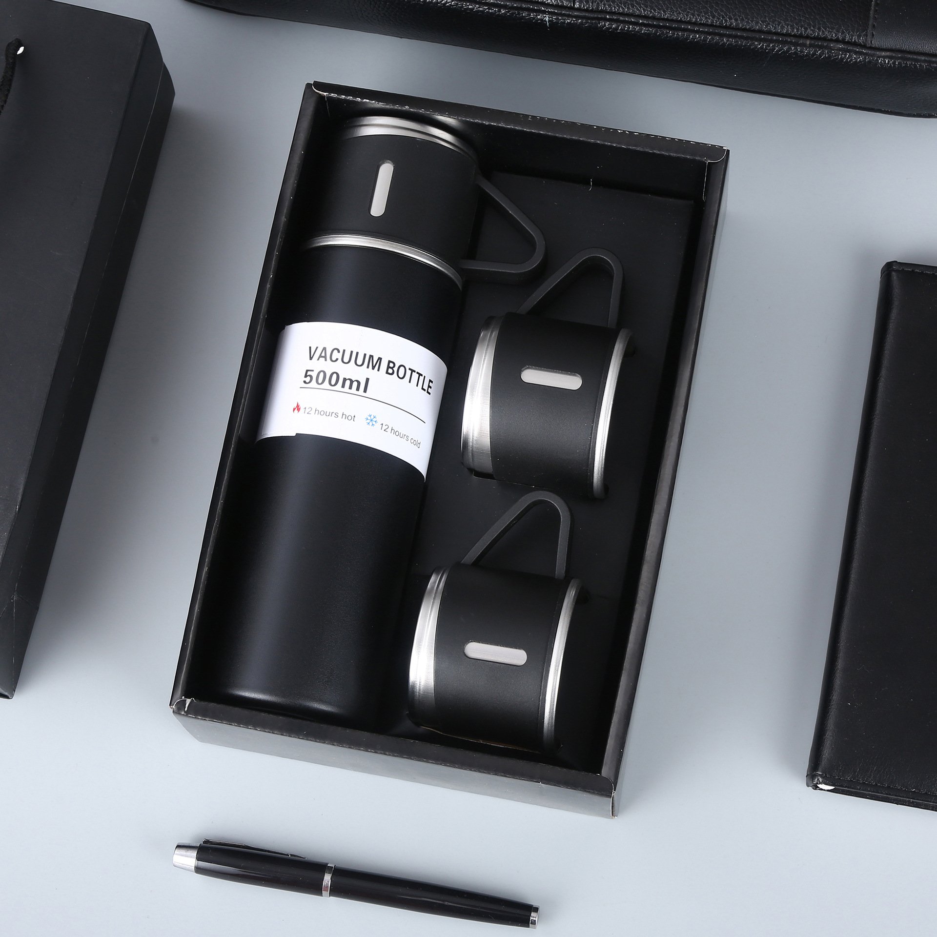 New Design Custom Classic Bullet-Shaped Stainless Steel Vacuum Flask & Thermos Gift Set with 3 Lids