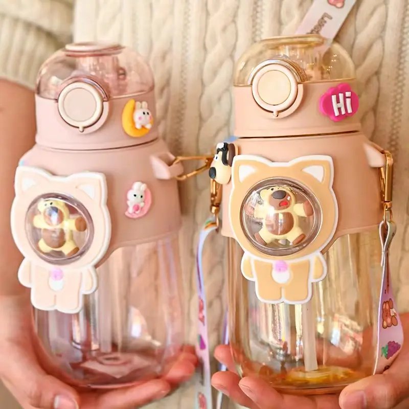 Wholesale Cute Children's Water Bottle Kawaii Plastic Cup with Lid Girl Cartoon Portable Student Water Bottle Straw Water Cup