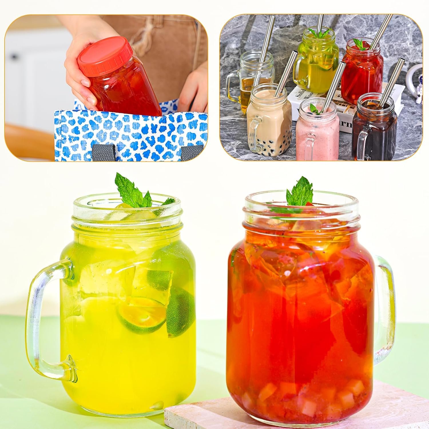Wholesale blank glass cups with handles Mason can beverage cups customized logo square glasscupswith handles strawcupswithlids