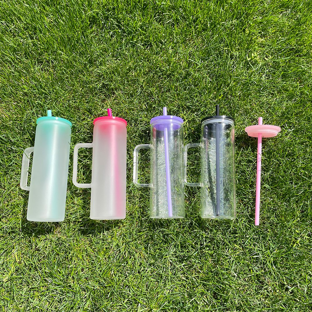 USA 20oz Skinny Straight Glass Coffee Mug cup Sublimation Balnks Clear Frosted Glass Tumbler with Straw and Colored Plastic Lid