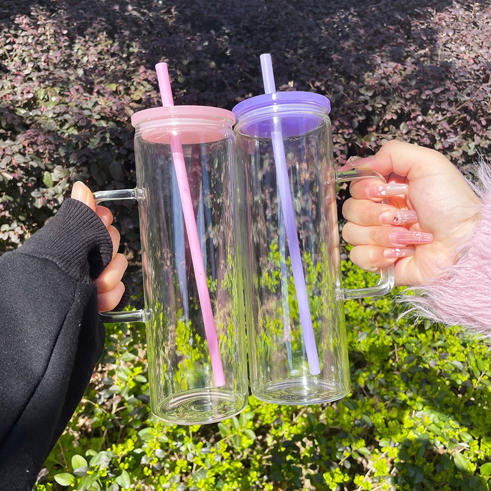 USA 20oz Skinny Straight Glass Coffee Mug cup Sublimation Balnks Clear Frosted Glass Tumbler with Straw and Colored Plastic Lid