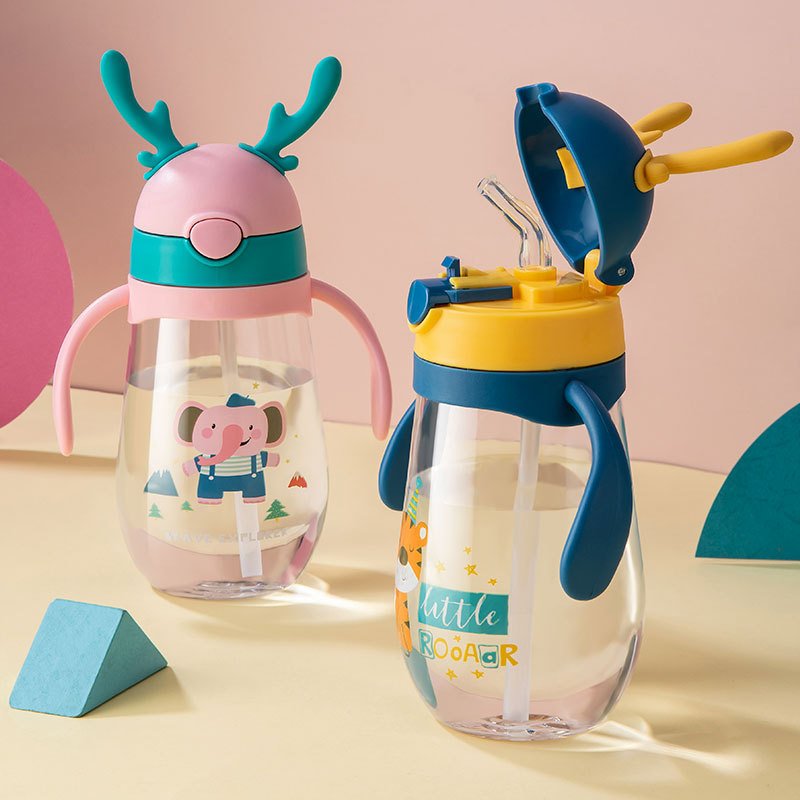 Plastic children Straw Water Cup Christmas elk plastic Clear Acrylic Milk Tea Mugs Cups Sports Outdoor Strap Water Bottle