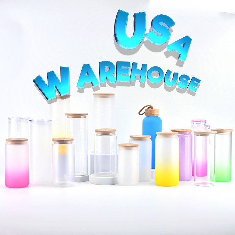 USA Warehouse 16oz Sublimation Clear Frosted Can Glass Mug 16oz Beer Can Cups With Bamboo Lid And Straws