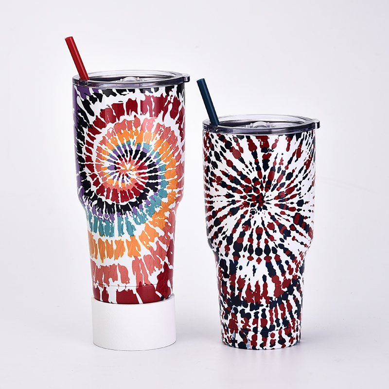 30OZ Double Wall Stainless Steel Vacuum Flask Tie Dye Car Cup Insulated Water Bottle Custom Logo Travel Mug With Straw Drink