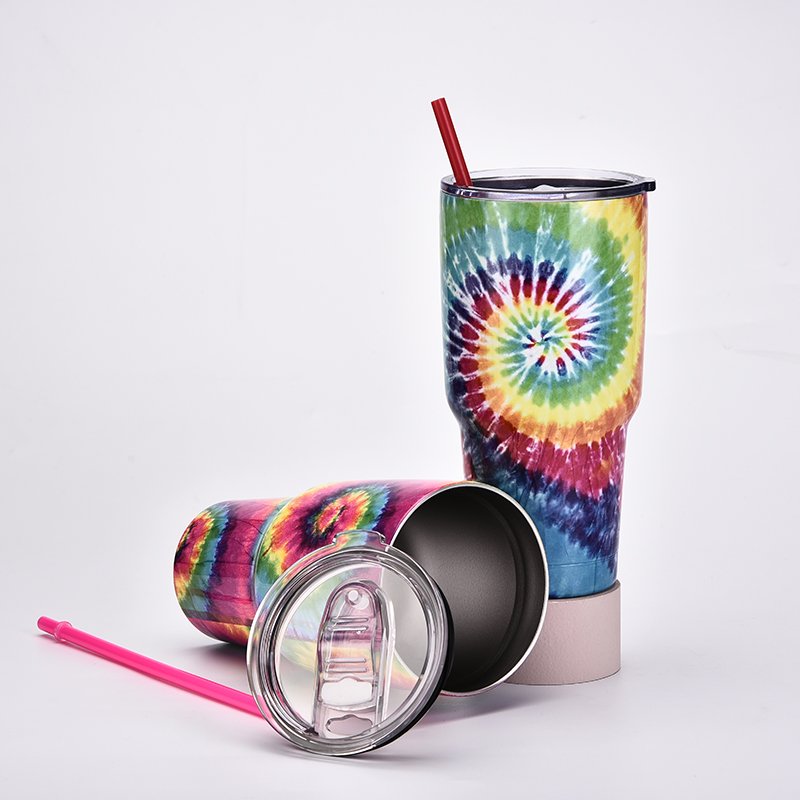 30OZ Double Wall Stainless Steel Vacuum Flask Tie Dye Car Cup Insulated Water Bottle Custom Logo Travel Mug With Straw Drink
