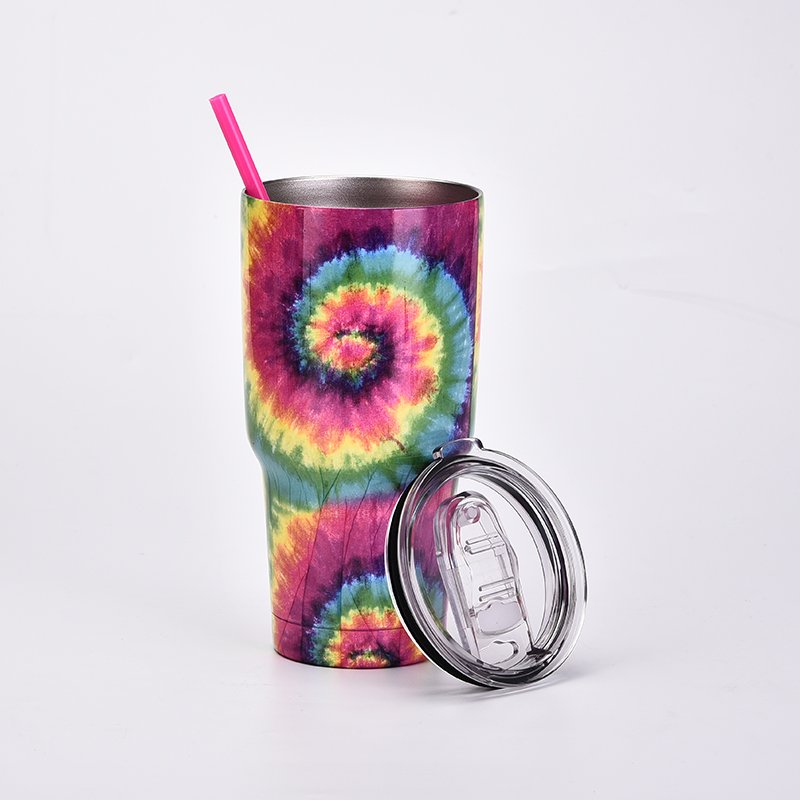 30OZ Double Wall Stainless Steel Vacuum Flask Tie Dye Car Cup Insulated Water Bottle Custom Logo Travel Mug With Straw Drink