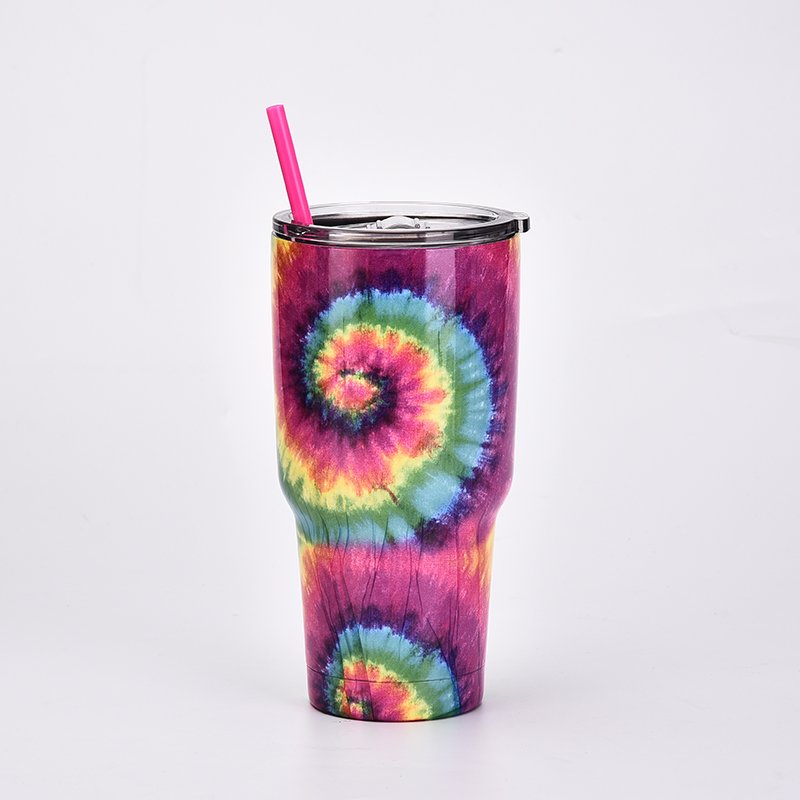 30OZ Double Wall Stainless Steel Vacuum Flask Tie Dye Car Cup Insulated Water Bottle Custom Logo Travel Mug With Straw Drink