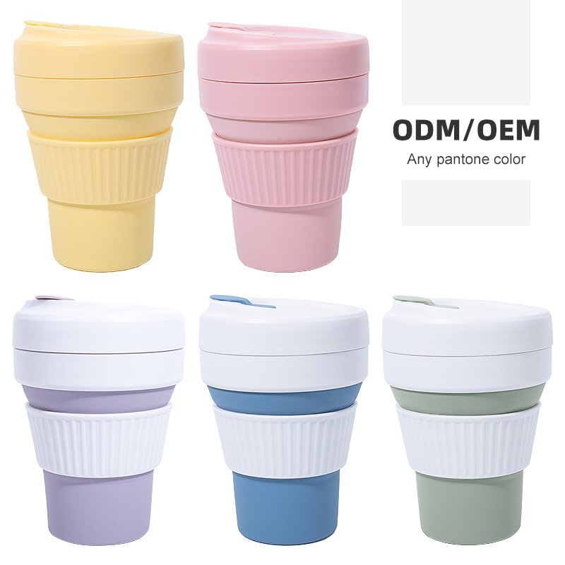 Custom Reusable 12 16 oz Portable Foldable Silicone Folding Collapsible Silicon Travel Coffee Cup Mug To Go
