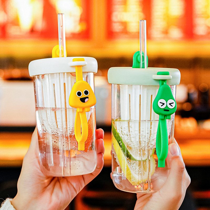 Hot Sale Kawaii 500ml Leakproof Clear Juice Drinking Cup Bpa Free Reusable School Kids Water Bottles With Glass Straw