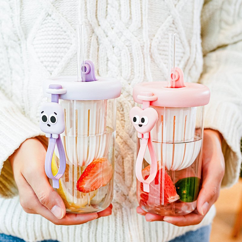 Hot Sale Kawaii 500ml Leakproof Clear Juice Drinking Cup Bpa Free Reusable School Kids Water Bottles With Glass Straw