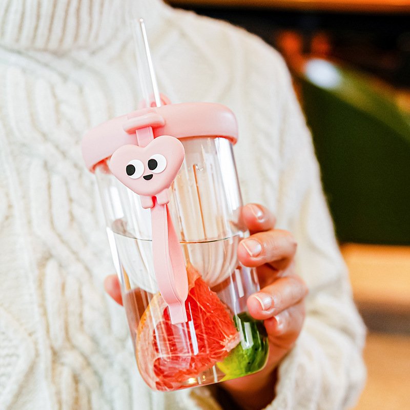 Hot Sale Kawaii 500ml Leakproof Clear Juice Drinking Cup Bpa Free Reusable School Kids Water Bottles With Glass Straw