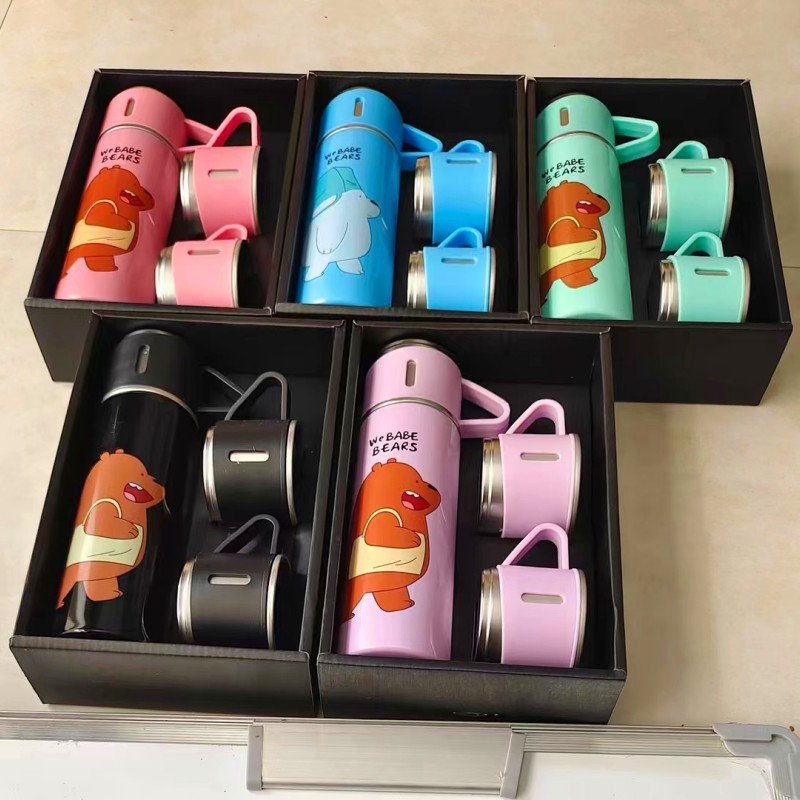 Business custom 500ml double wall vacuum flasks gift set stainless steel insulated thermos water bottle with 2 cups