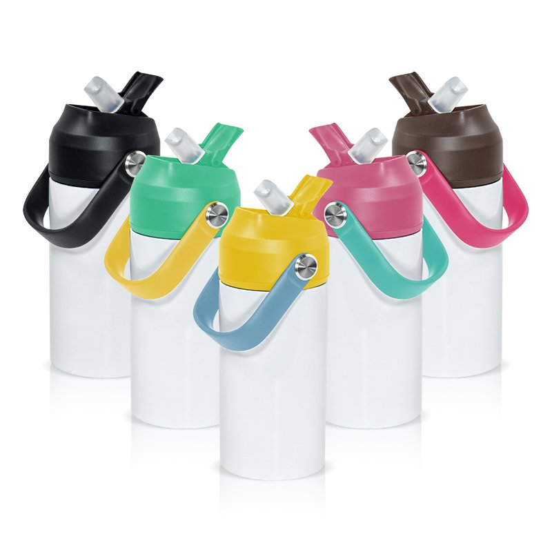 New colorful 12oz new flip straw top soft handle kid waterbottle stainless steel vacuum flask water bottle with rubber bottom