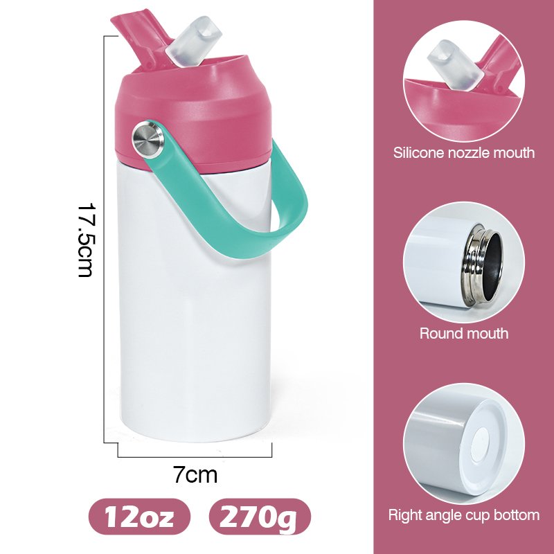 New colorful 12oz new flip straw top soft handle kid waterbottle stainless steel vacuum flask water bottle with rubber bottom