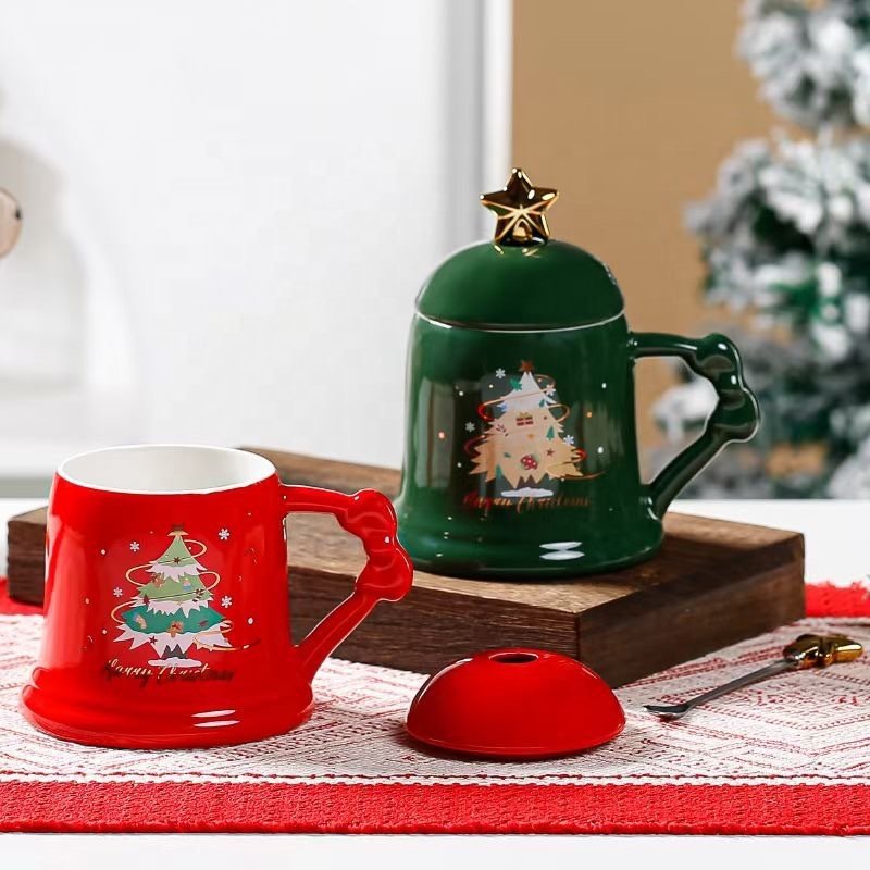 New Product Ideas Custom Large Capacity Water Xmas Tree Cup With Lid Mug Ceramic Christmas Mugs For Home Gifts