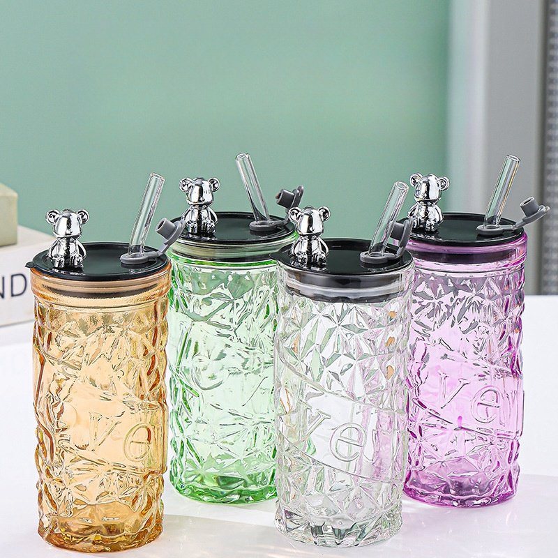 K52 Custom LOGO 350ml Stripe Colorful Reusable Clear Double Wall Drinking Cup Glass Coffee Mug With Lid And Straw