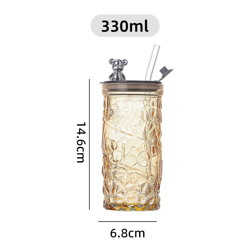 K52 Custom LOGO 350ml Stripe Colorful Reusable Clear Double Wall Drinking Cup Glass Coffee Mug With Lid And Straw
