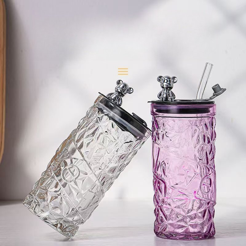 K52 Custom LOGO 350ml Stripe Colorful Reusable Clear Double Wall Drinking Cup Glass Coffee Mug With Lid And Straw
