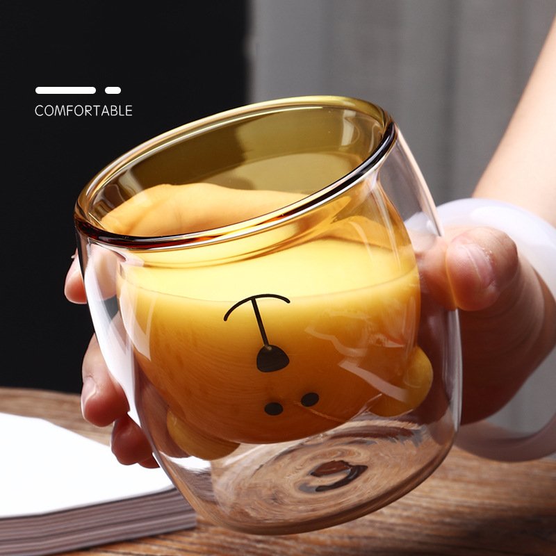 MAIMAI Transparent pink cute bear cat shaped Heat-resistant Double Wall borosilicate pyrex Glass cup mug for coffee milk