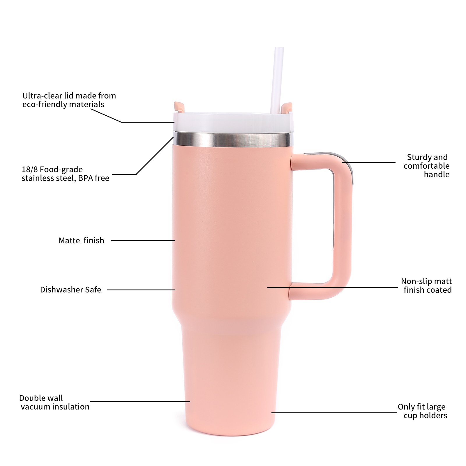 New 40oz 18/8 Vacuum Travel Tumbler With Handle & Straw Customize LOGO