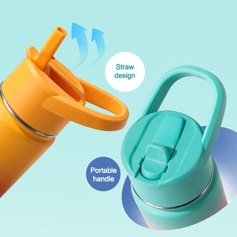 Double Wall Wide Customized Straw Handle Lids Stainless Steel Vacuum Flask Camping Hiking Water Bottle Insulated Sports Bottle