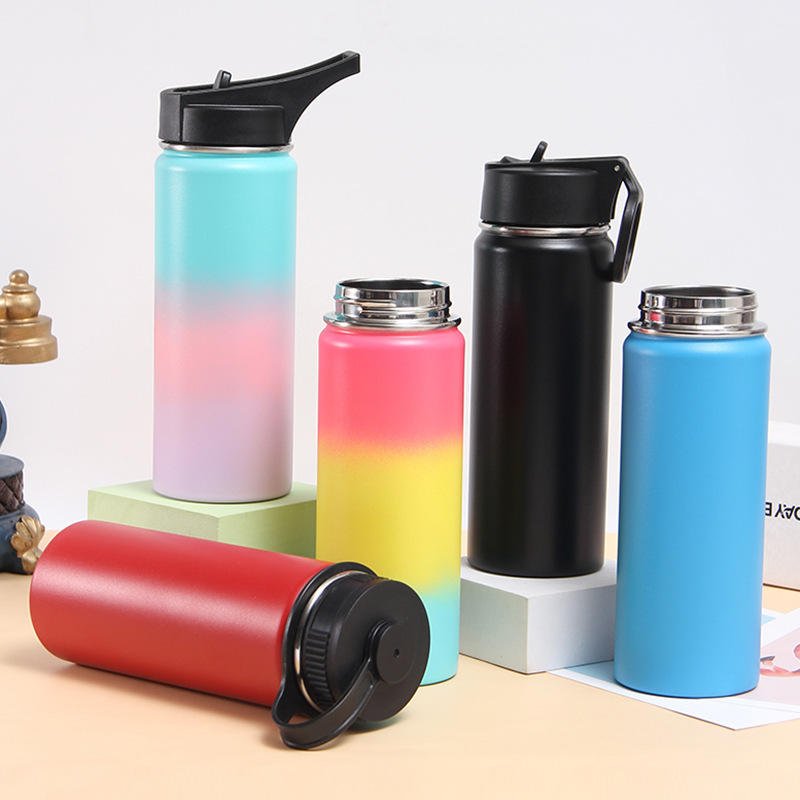 Double Wall Wide Customized Straw Handle Lids Stainless Steel Vacuum Flask Camping Hiking Water Bottle Insulated Sports Bottle
