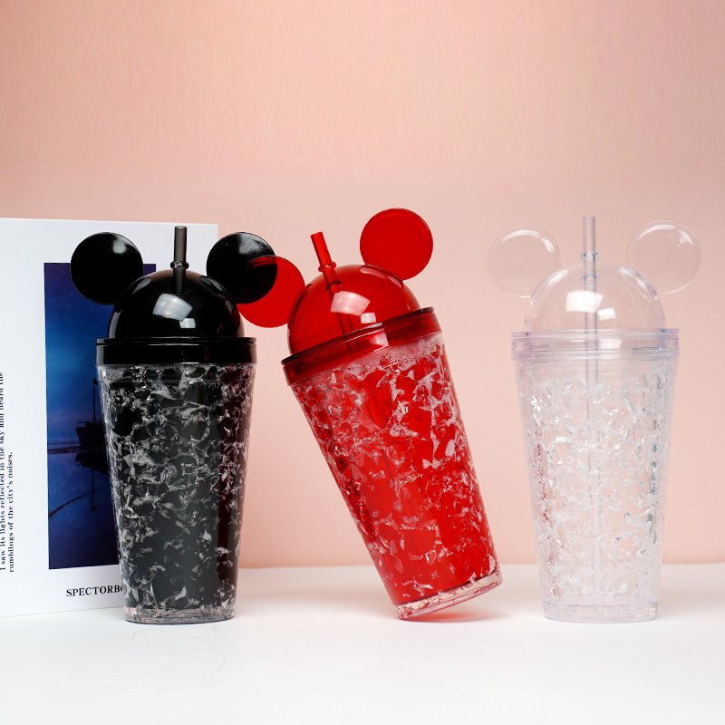 Double Walled Summer Glitter Water Tumbler 16oz Mouse Ears Tumbler Cup with Lid and Straw Travel Mugs