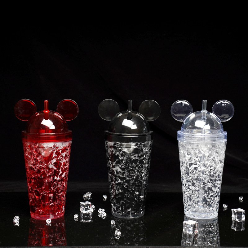 Double Walled Summer Glitter Water Tumbler 16oz Mouse Ears Tumbler Cup with Lid and Straw Travel Mugs