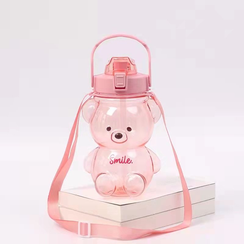 Custom 1400ml plastic clear Sport Kettle with straw cute bear shape Water Bottle for kids