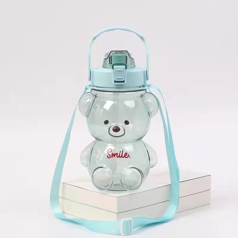 Custom 1400ml plastic clear Sport Kettle with straw cute bear shape Water Bottle for kids
