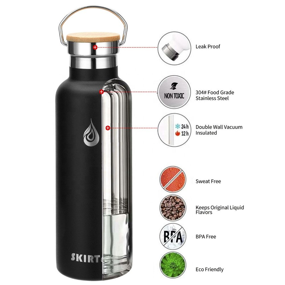custom logo insulated vacuum insulated water bottle stainless steel thermal with bamboo lid 500ml 600ml 750ml 1000ml