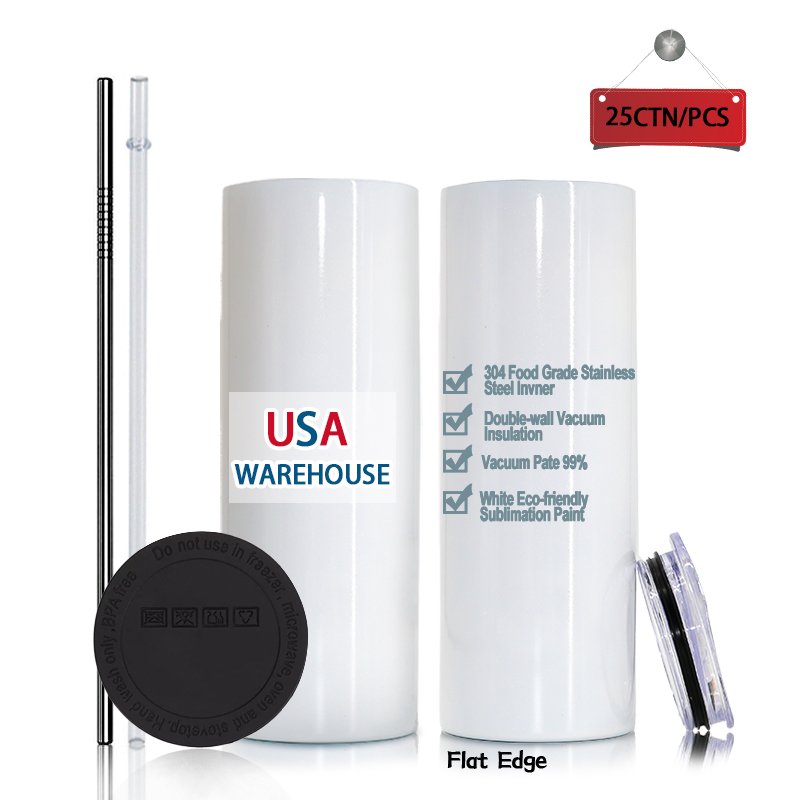 USA Warehouse 15oz 20oz 30oz Skinny White Straight Sublimation Blanks Stainless Steel Tumblers With Straw And Lid