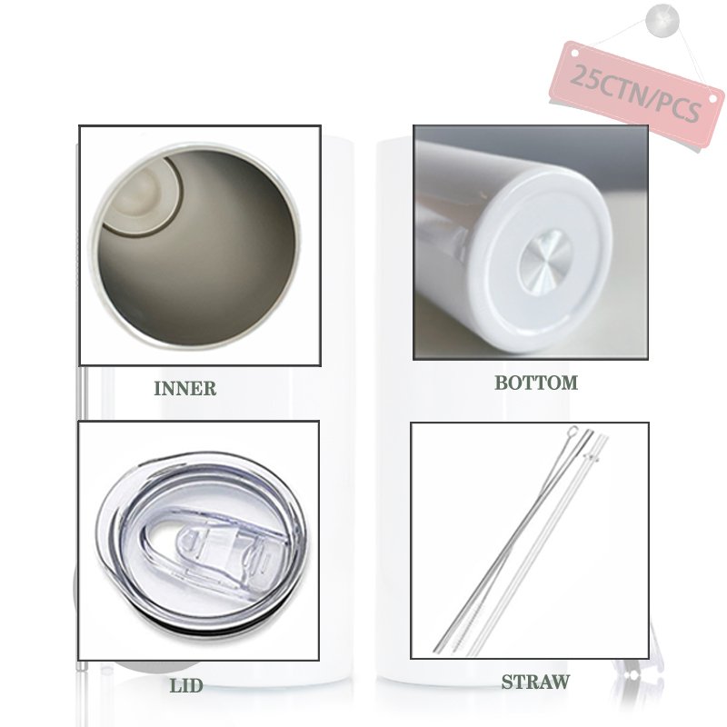 USA Warehouse 15oz 20oz 30oz Skinny White Straight Sublimation Blanks Stainless Steel Tumblers With Straw And Lid